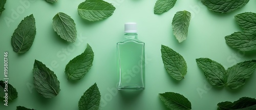 Fresh mint mouthwash bottle surrounded by mint leaves on a soft green background