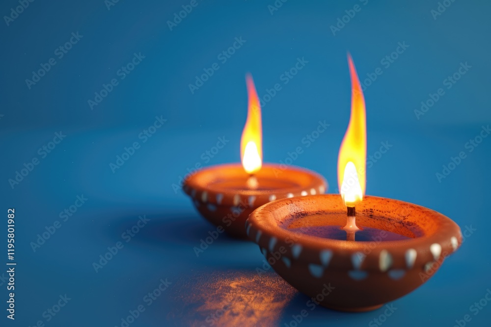 Colorful Diwali clay lamps celebration on blue background.