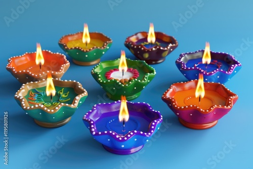 Colorful Diwali clay lamps celebration on blue background. photo