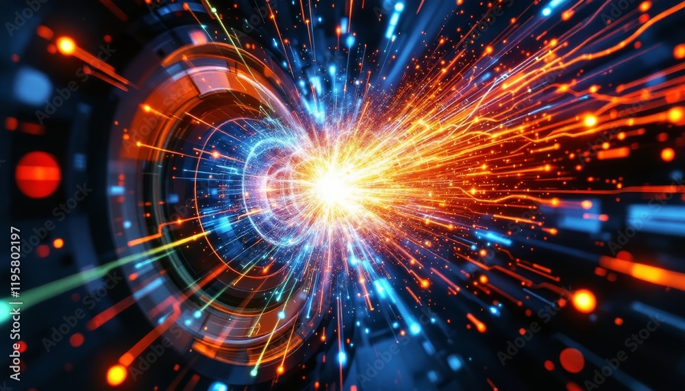 Electrons colliding in a particle accelerator emitting bursts of energy waves and particle trails in a high-tech laboratory Electrons colliding in a particle accelerator emitting bursts of energy waves and particle trails in a high-tech laboratory