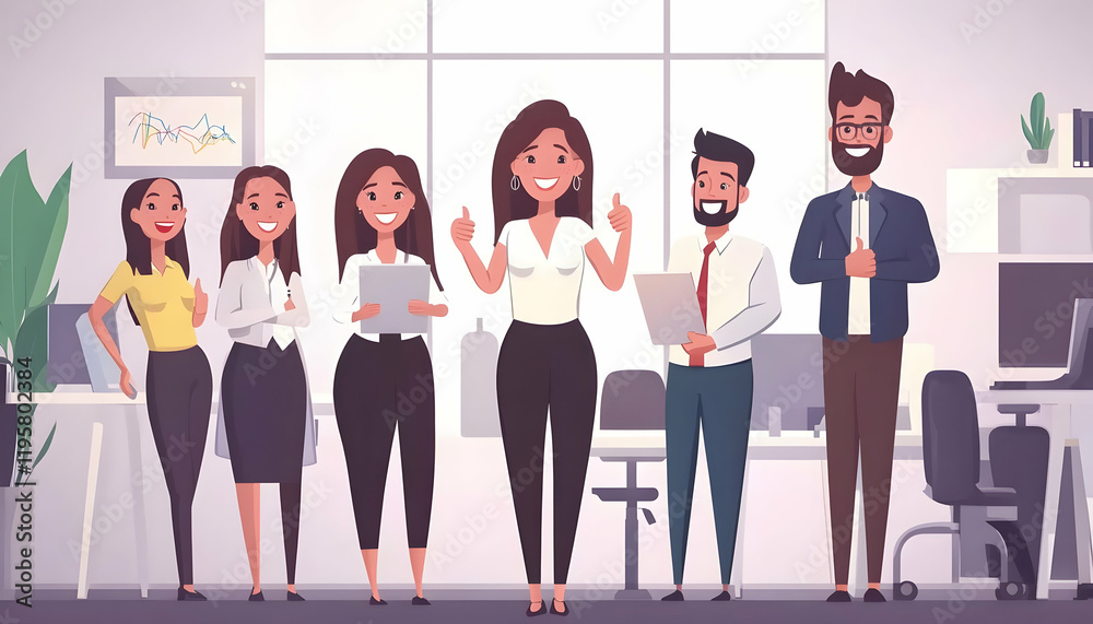 Naklejka premium Businesswoman gesturing thumbs-up standing with joyful employees' team in the office