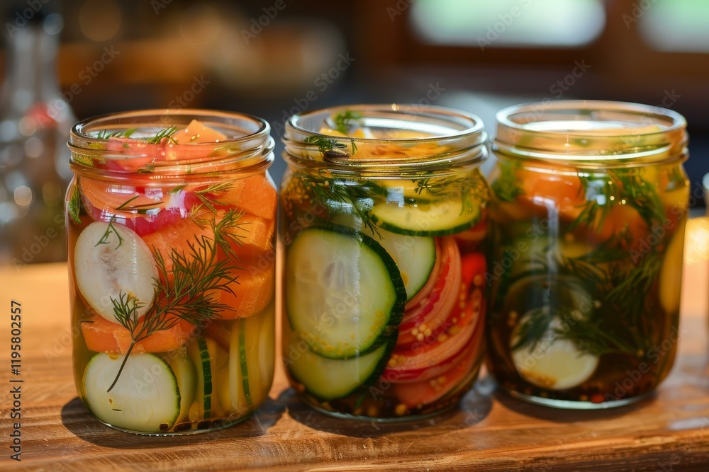 Glass jars filled with pickled cucumbers, carrots, tomatoes, and fresh dill, showcasing the art of preserving summer's bounty Glass jars filled with pickled cucumbers, carrots, tomatoes, and fresh dill, showcasing the art of preserving summer's bounty