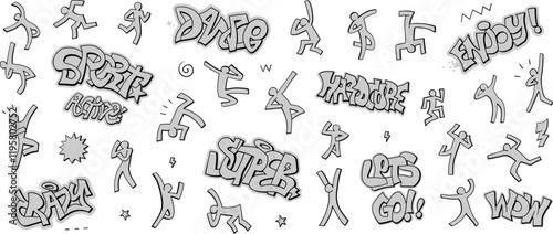 Music party dancing characters graffiti lettering  hand drawn doodles vector background