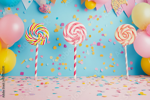 The image features a festive setup with three large, multi-colored swirled lollipops standing against a blue background adorned with confetti and balloons in shades of pink, yellow, and blue