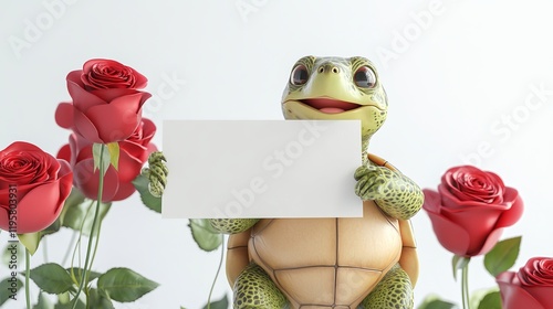 Cute Happy Green Turtle Holding Blank White Sign With Red Rose For Mockup, Isolated White Background photo