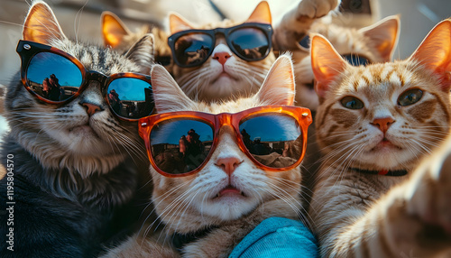 Cats portrait with sunglasses, funny animals in a group together looking at the camera, wearing clothes, having fun together, taking a selfie, an unusual moment full of fun and fashion consciousness