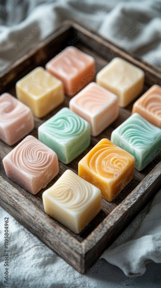 Colorful artisan soap cubes on tray. Colorful artisan soap cubes on tray.