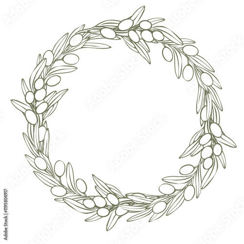 Wallpaper Mural Hand drawn olive wreath illustration in vector style. Monochrome green color. Minimalistic linear design with leaves and olives. Use for branding, packaging, logos, invitations, and labels, menu Torontodigital.ca