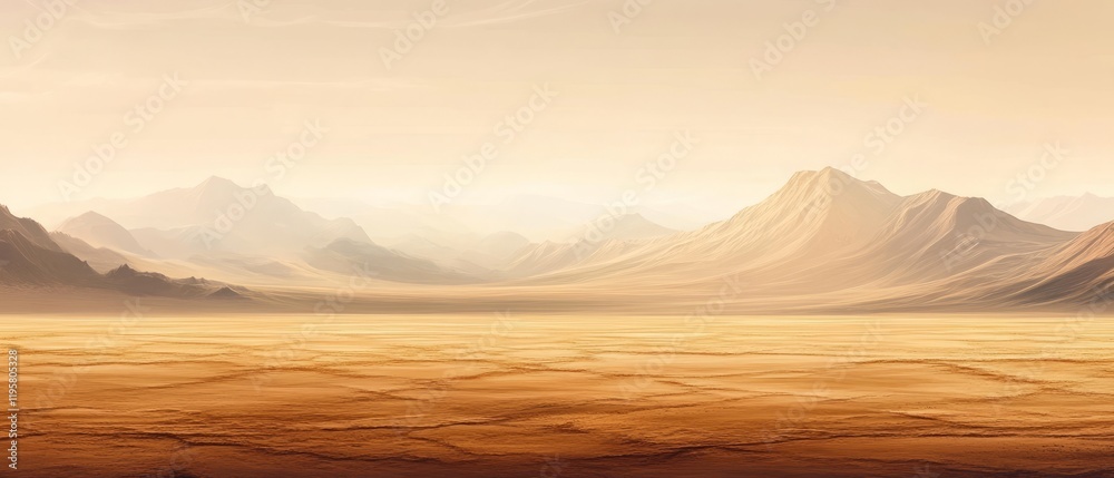Fototapeta premium Vast brown desert landscape with distant mountains and heat haze under a hazy sky