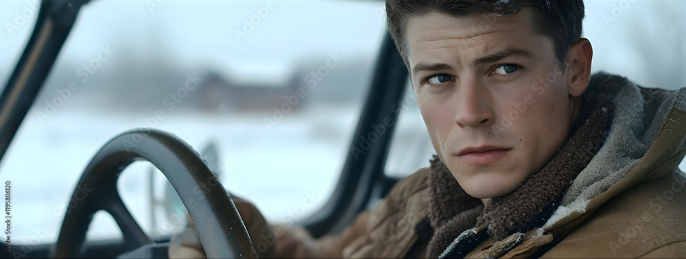 Driver holding a steering wheel, light-toned background, negative space on the right, clear facial features Driver holding a steering wheel, light-toned background, negative space on the right, clear facial features