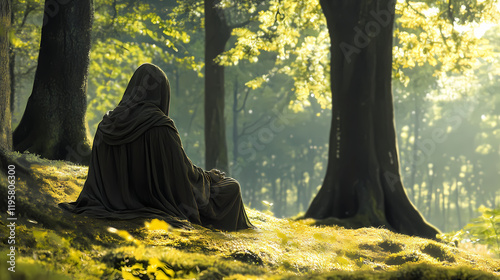 Solitary druid communing with ancient woodland digital painting. Thornspire. Illustration