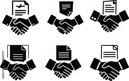 A handshake where one hand holds a certificate or document silhouette vector art illustration