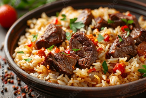 Steaming hot pilaf with tender beef, flavorful vegetables, and fresh herbs served in a rustic clay pot