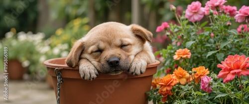 Sleeping puppy resting inside terracotta flower pot surrounded by colorful garden flowers. Outdoor photography. Springtime and nature concept for greeting card and poster design, advertising. photo