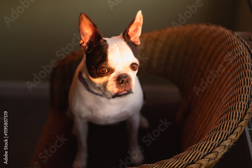 Boston Terrier dog sitting in a wicker chair lit by the glow of a sunset through the window.