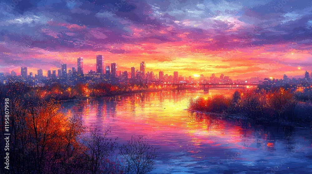 Fototapeta premium Vibrant Cityscape Sunset Reflection