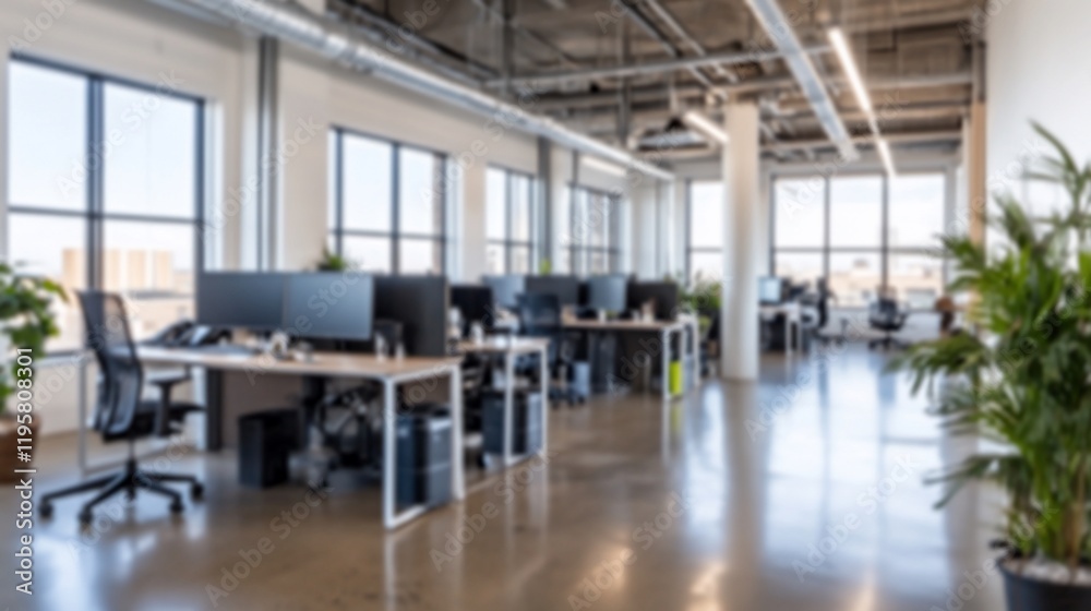 Modern office workspace, city view, employees working Modern office workspace, city view, employees working