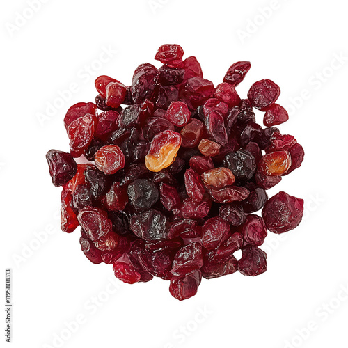 Close-up of dried red cranberries on a transparent or white background
