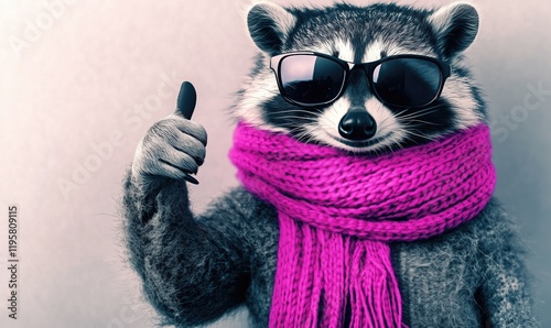 Stylish Raccoon Wearing Pink Scarf and Sunglasses Giving Thumbs Up