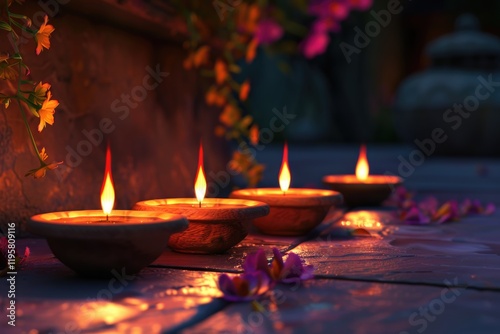 Traditional Diya lamps lit for Diwali celebration. photo