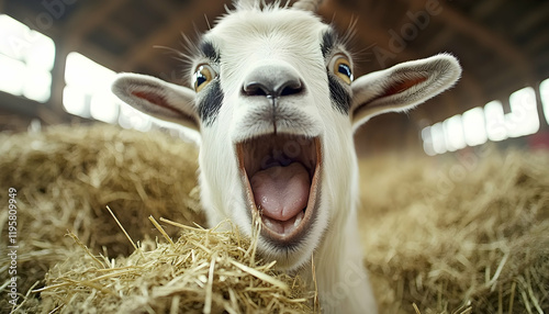 Close up of the head of a dairy goat eating hay in a dairy barn on a dairy farm.