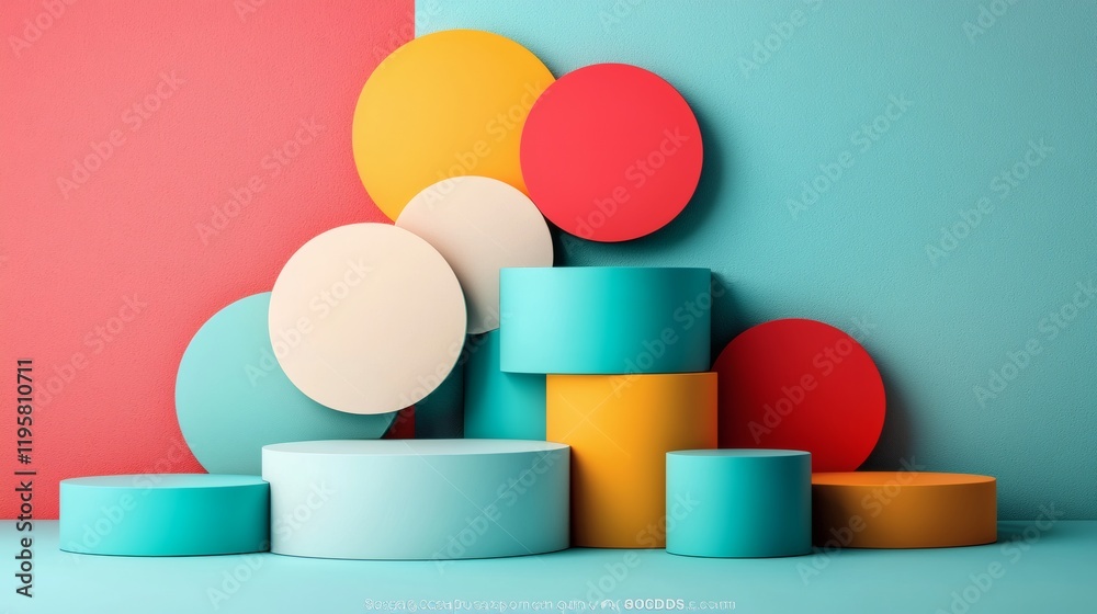 Colorful Geometric Display: A vibrant composition of stacked cylinders and circles in teal, yellow, red, and cream against a two-toned backdrop of coral and teal. Colorful Geometric Display: A vibrant composition of stacked cylinders and circles in teal, yellow, red, and cream against a two-toned backdrop of coral and teal.
