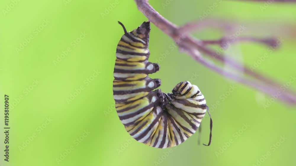 A Monarch butterfly caterpillar hanging on a twig in the J position just before making its chrysalis to become a butterfly.
