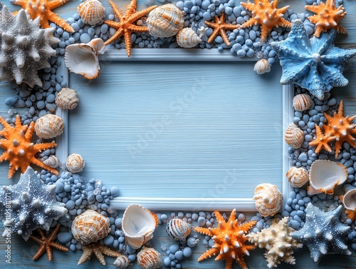 Coastal Shells and Starfish Decorative Frame on Blue Background photo