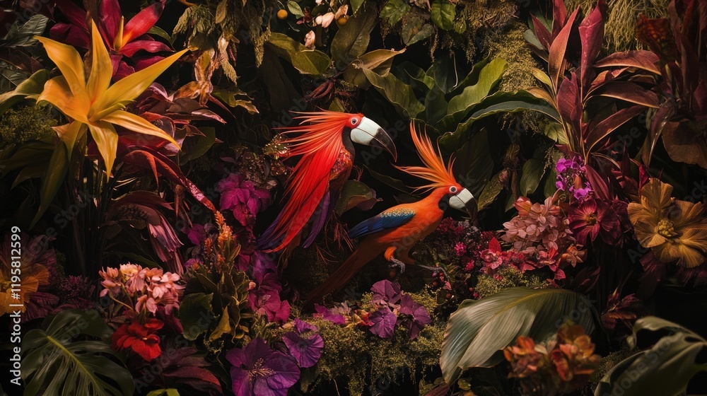 Fototapeta Two Red Parrots Amidst Lush Tropical Flora