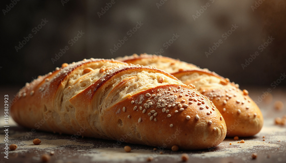 Freshly baked sesame rolls on a rustic kitchen countertop Freshly baked sesame rolls on a rustic kitchen countertop