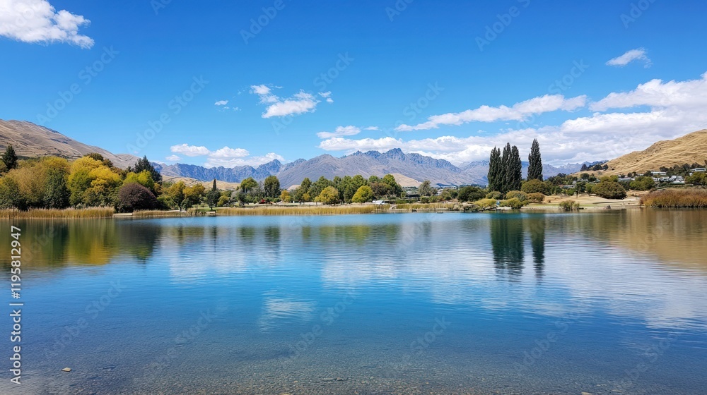 Serene Lake Reflecting Majestic Mountains Under a Blue Sky