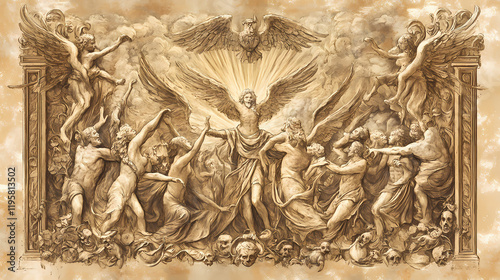 Divine judgment in psalms a biblical depiction of nations and kings conspiring in anger and defiance, representing spiritual rebellion and consequences, on a beige background. Thornspire. Illustration photo