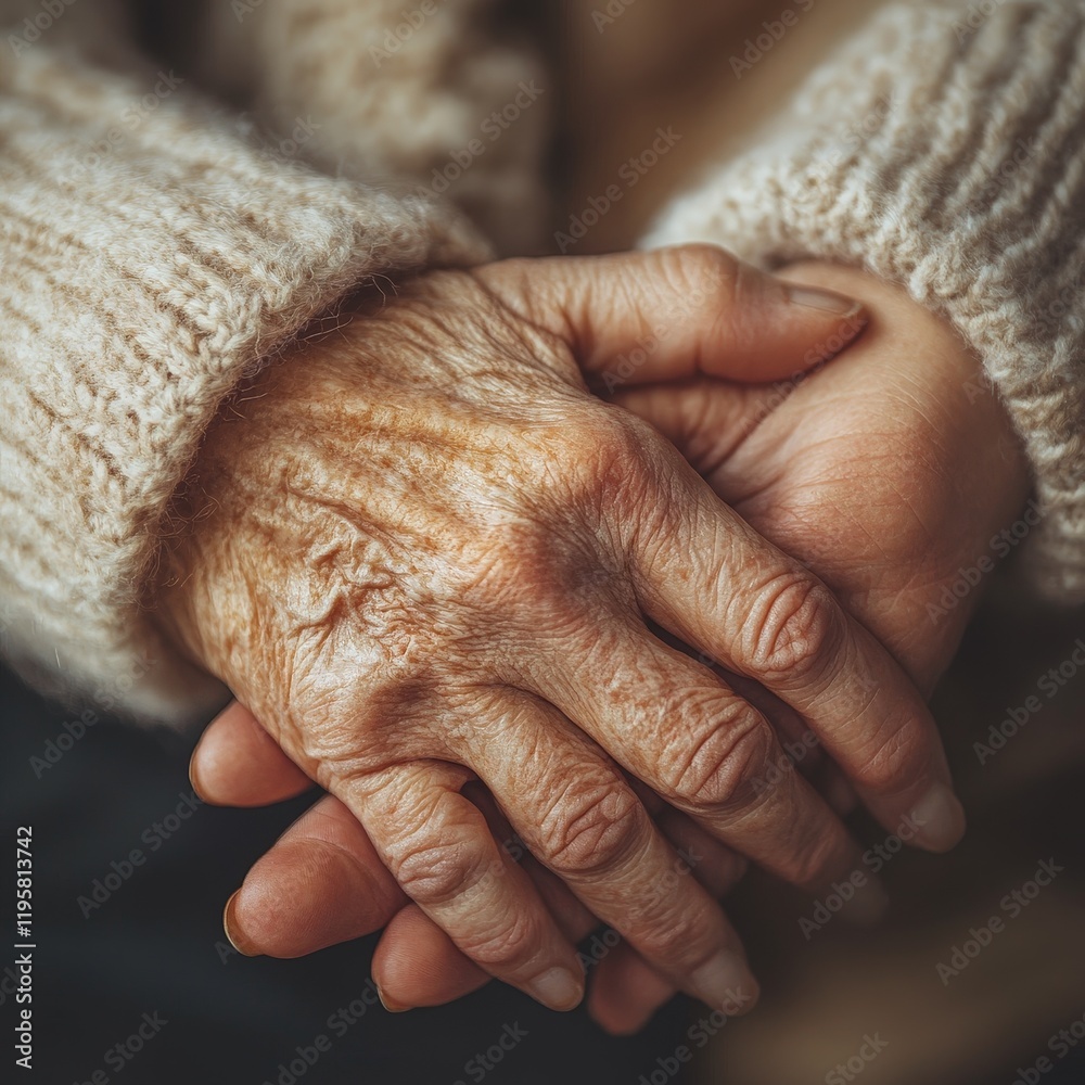 Fototapeta premium A tender close-up of a young woman holding an elderly lady's hand, symbolizing connection and care. Ideal for healthcare and family campaigns.