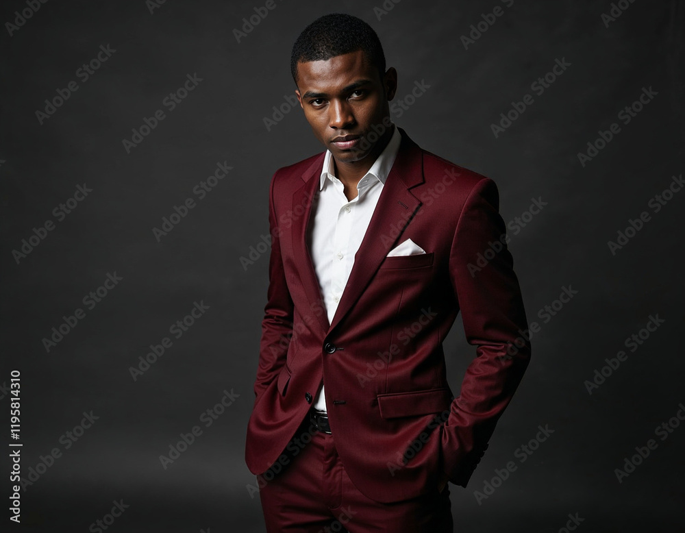 Stylish Portrait of a Confident Man in a Burgundy Suit with a Charcoal Gray Background Stylish Portrait of a Confident Man in a Burgundy Suit with a Charcoal Gray Background