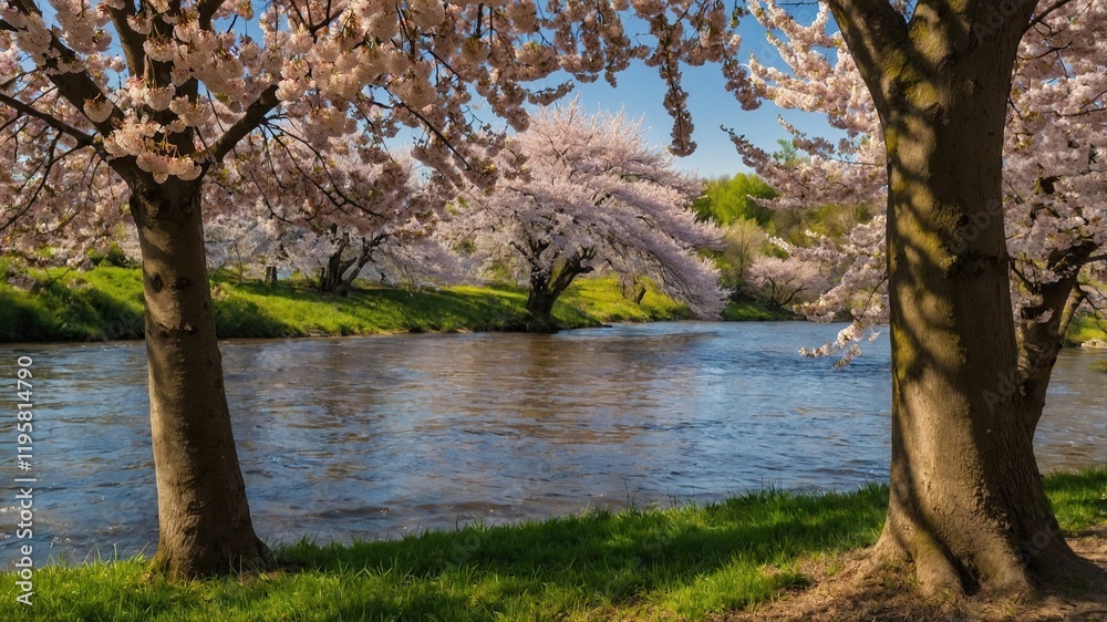 Despertar de primavera: cerezos en flor y agua tranquila en perfecta armonía Despertar de primavera: cerezos en flor y agua tranquila en perfecta armonía