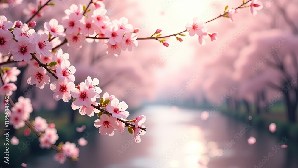 Fototapeta premium Delicadas flores rosadas de cerezo adornando un paisaje sereno junto a un río al amanecer