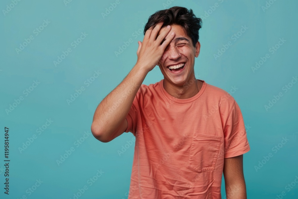 Surprised Hispanic man laughing with hand over eyes. Surprised Hispanic man laughing with hand over eyes.