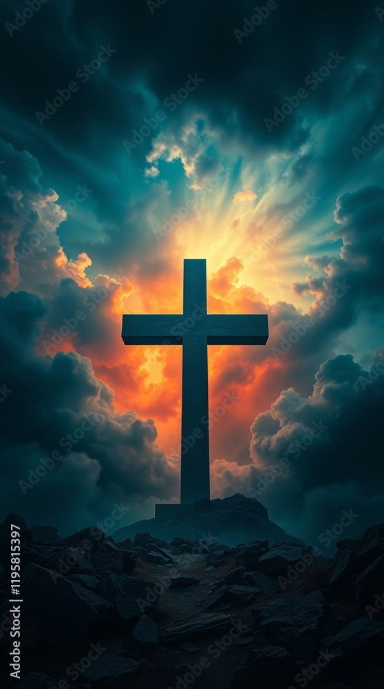 Fototapeta premium Cross silhouetted against a dramatic sunset sky.