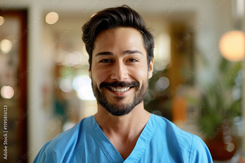 Fototapeta premium Happy Hispanic male nurse in blue uniform with beard.