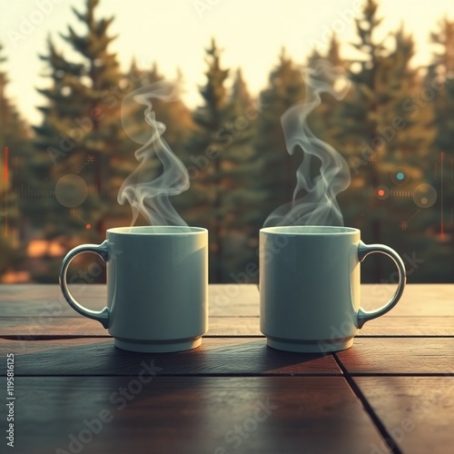 Two steaming coffee mugs clinking on a wooden table, pine trees in the background. 