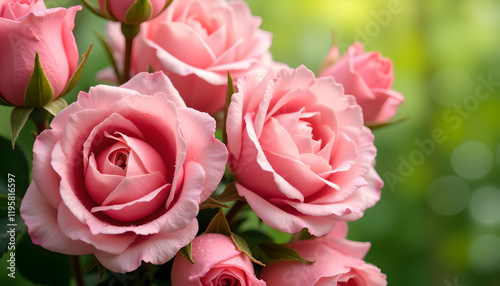 Pink roses bouquet with water drops in soft light
