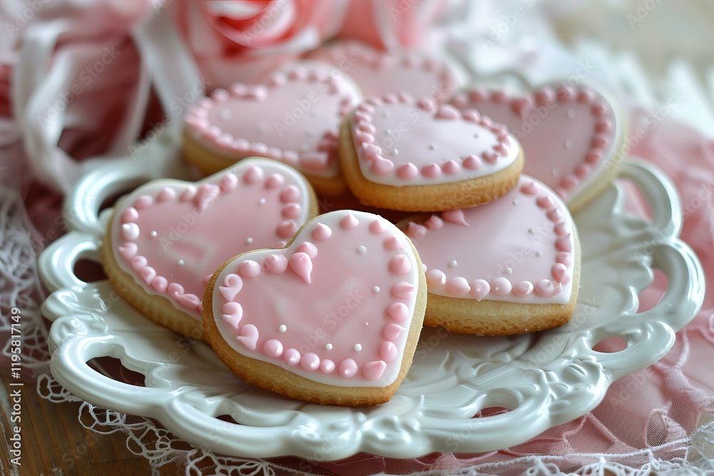 Delicious heart shaped cookies decorated with pink icing and beads, resting on a white ceramic plate Delicious heart shaped cookies decorated with pink icing and beads, resting on a white ceramic plate