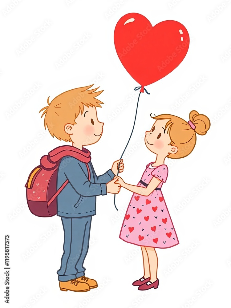 Cute Cartoon Kids and Heart Balloon Cute Cartoon Kids and Heart Balloon