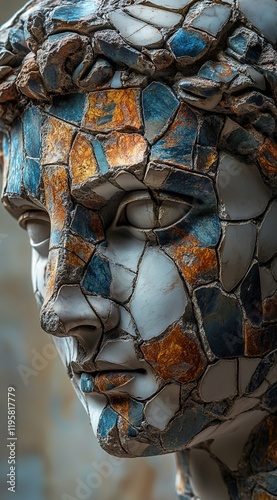 A close-up of an ancient Greek sculpture, the head is made up of many small fragments and pieces of marble in different colors, each piece with its own unique patterns and textures.