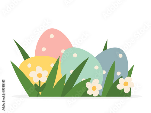 colorful easter eggs in the grass; concept of egg hunt which is a game typically played during Easter- vector illustration