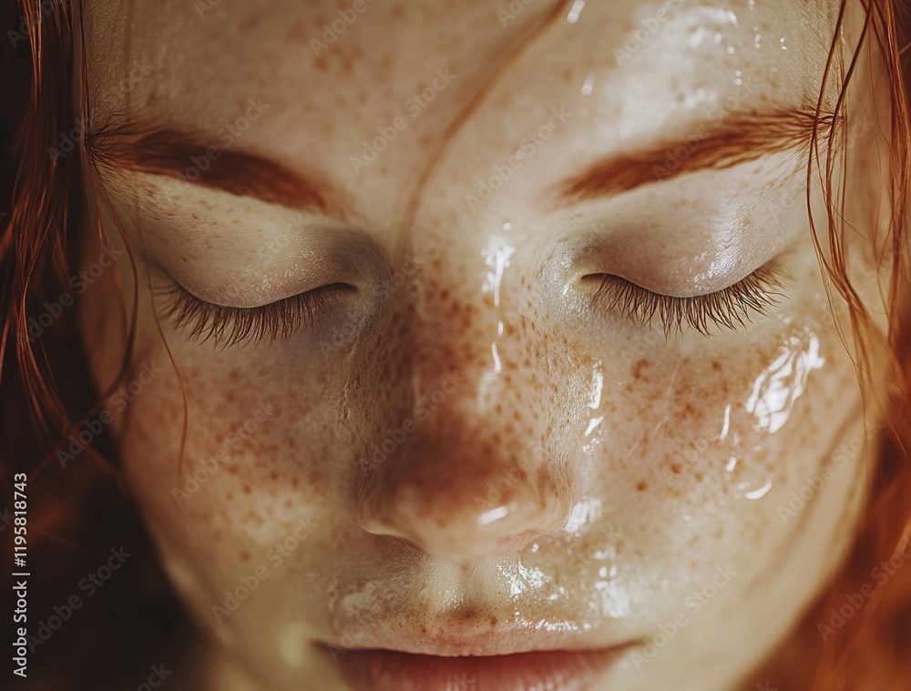 Fototapeta premium A close-up of the face of an angelic red-haired woman with closed eyes. Her skin is wet, and she has freckles.