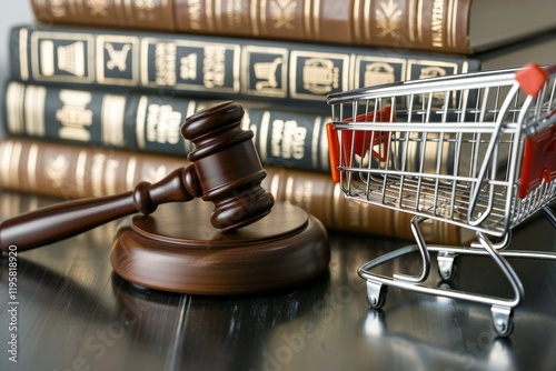 Close-up photo of a brown gavel and a shopping cart placed in front of stacked law books, symbolizing the intersection of consumer protection and shopping laws.