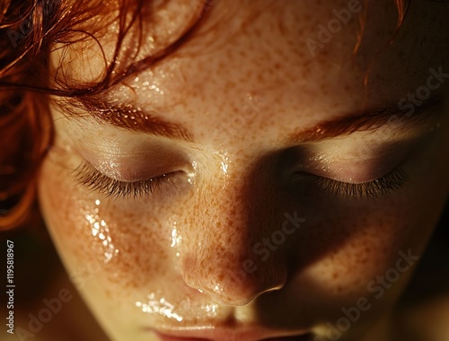 A close-up of the face of an angelic red-haired woman with closed eyes. Her skin is wet, and she has freckles.