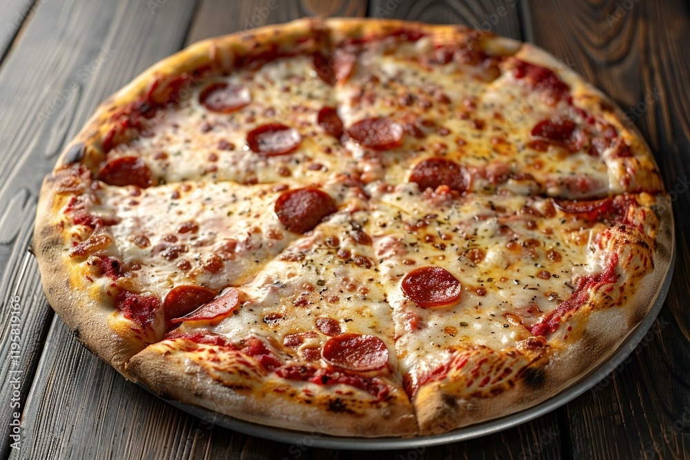 close-up shot of a mouth-watering, cheesy pizza on a rustic wooden table. close-up shot of a mouth-watering, cheesy pizza on a rustic wooden table.