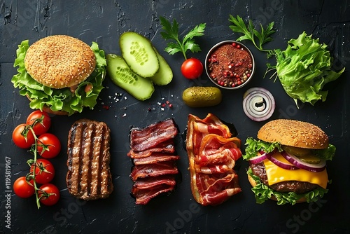 Close-up shot of deconstructed hamburger ingredients on a sleek black background. photo